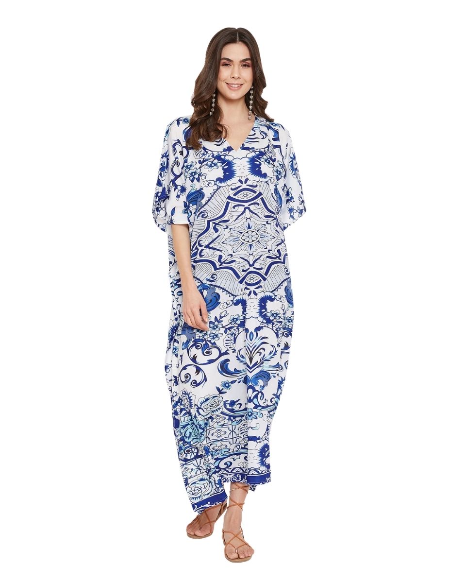 Kimono Sleeve Floral Polyester Kaftan For Plus Size Women