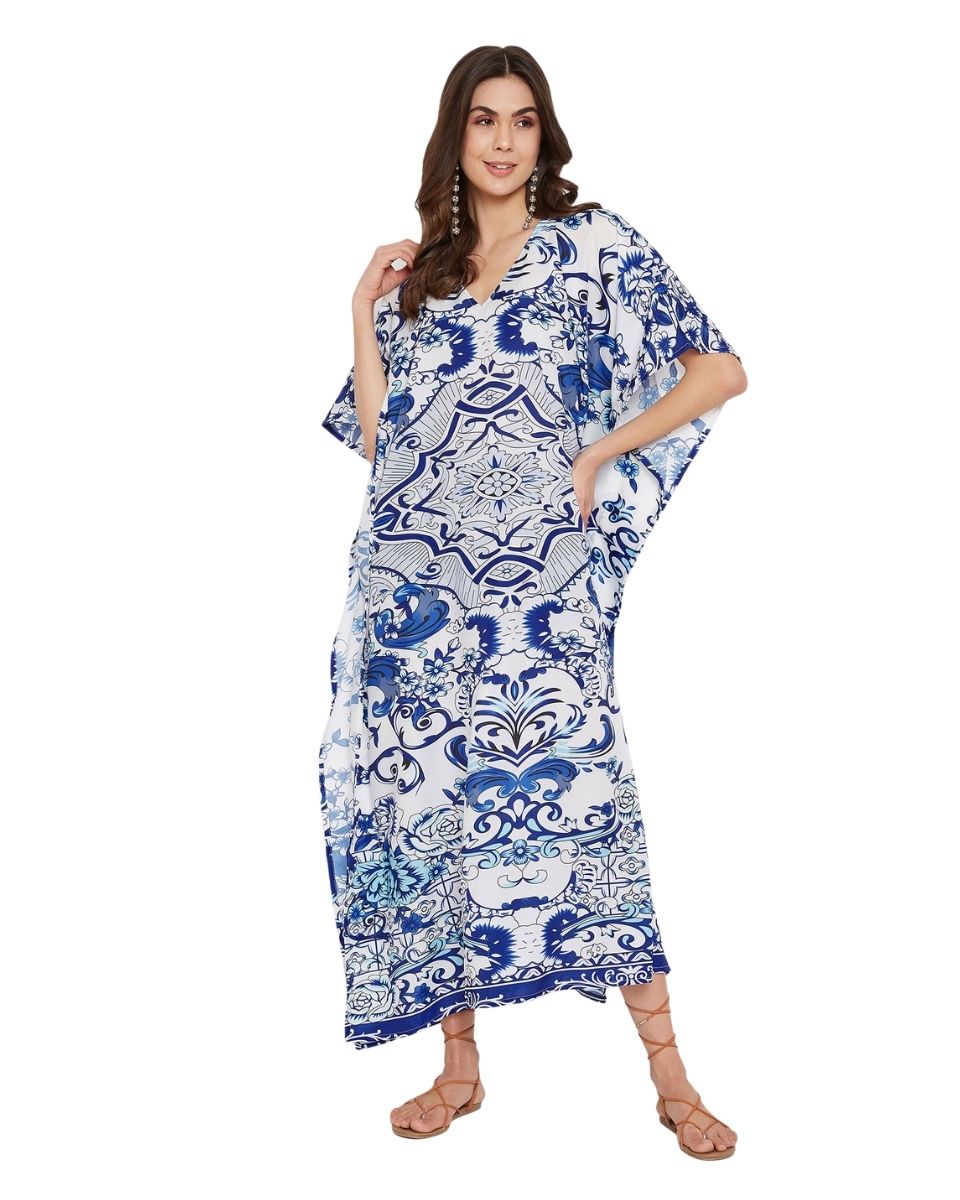 Kimono Sleeve Floral Polyester Kaftan For Plus Size Women