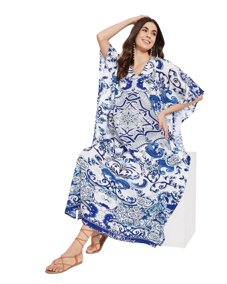 Kimono Sleeve Floral Polyester Kaftan For Plus Size Women