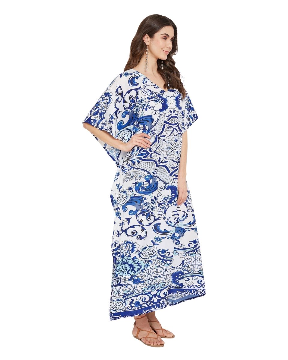 Kimono Sleeve Floral Polyester Kaftan For Plus Size Women