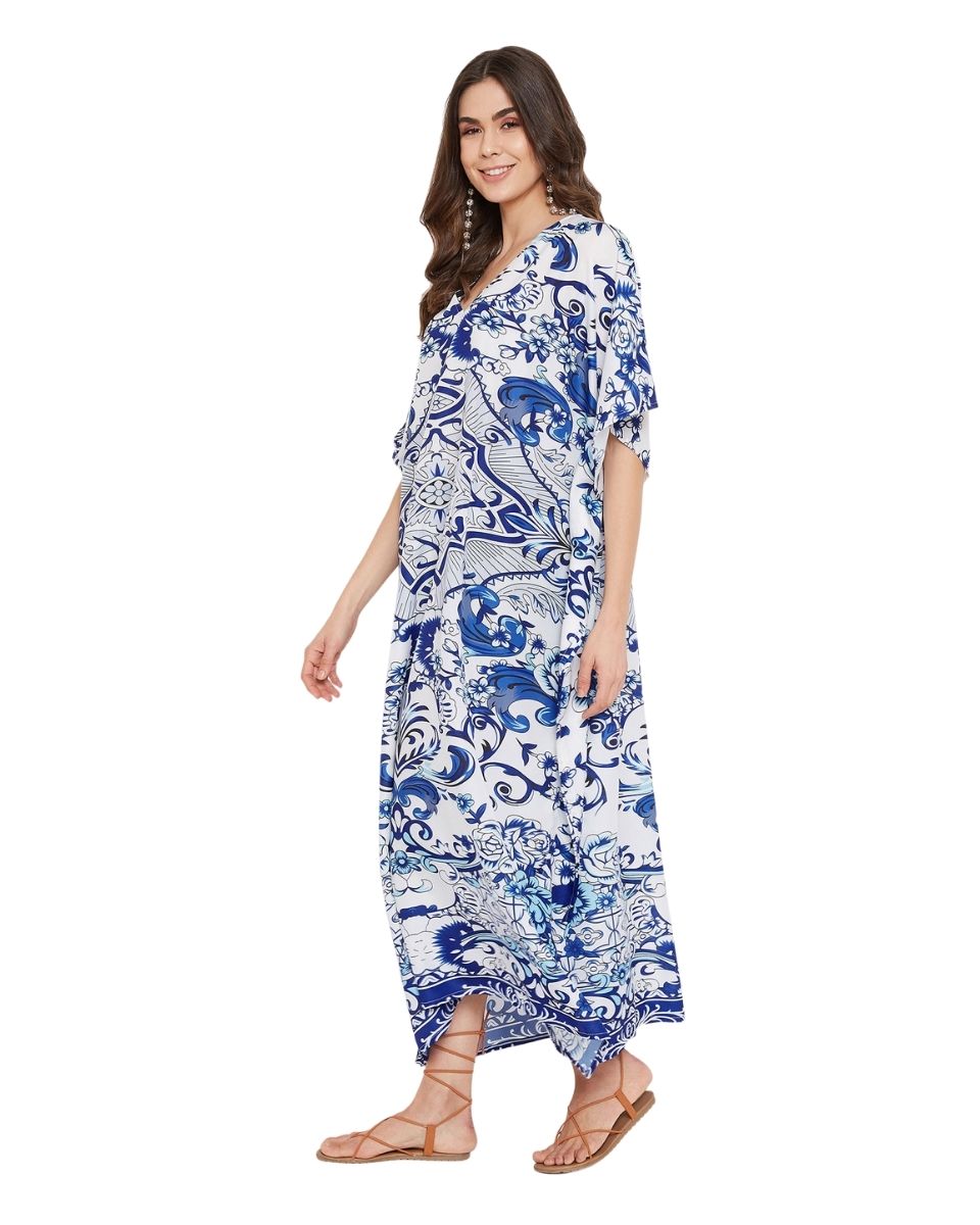 Kimono Sleeve Floral Polyester Kaftan For Plus Size Women