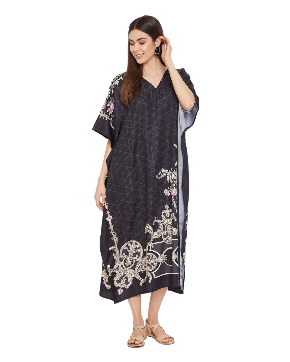 Maxi Plus Size Kaftan Black Floral Pattern Kimono For Women