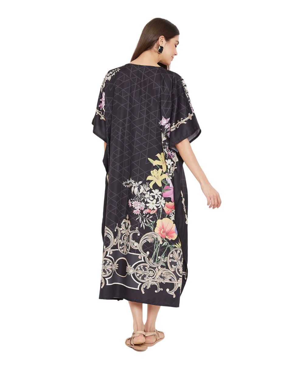 Maxi Plus Size Kaftan Black Floral Pattern Kimono For Women