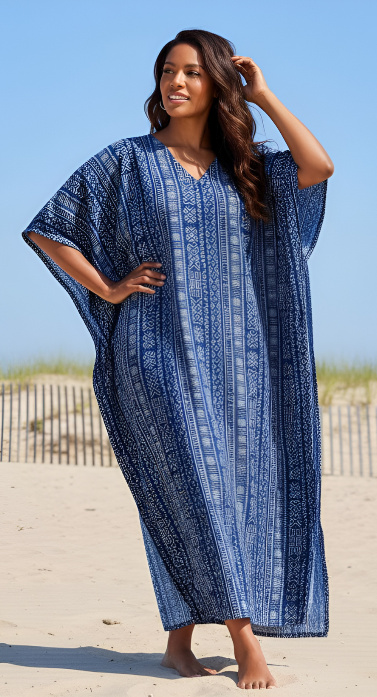 Geometric Printed Navy Blue Polyester Kaftan Dress For Plus Size Women