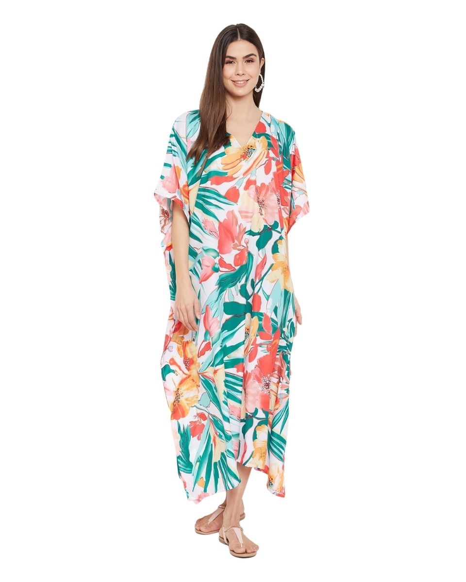 Kimono Sleeve multicolor Floral Polyester Kaftan For Plus Size Women