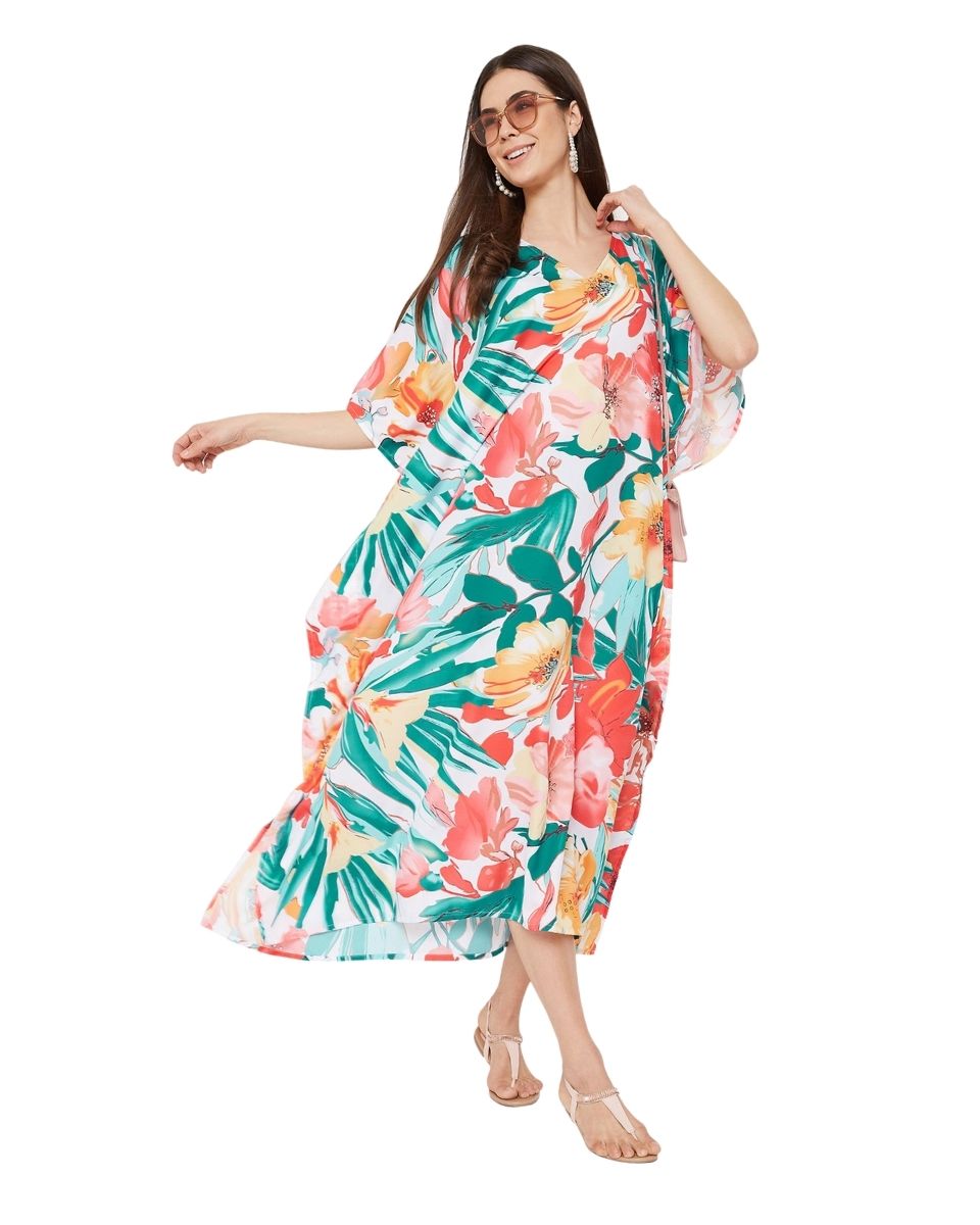 Kimono Sleeve multicolor Floral Polyester Kaftan For Plus Size Women