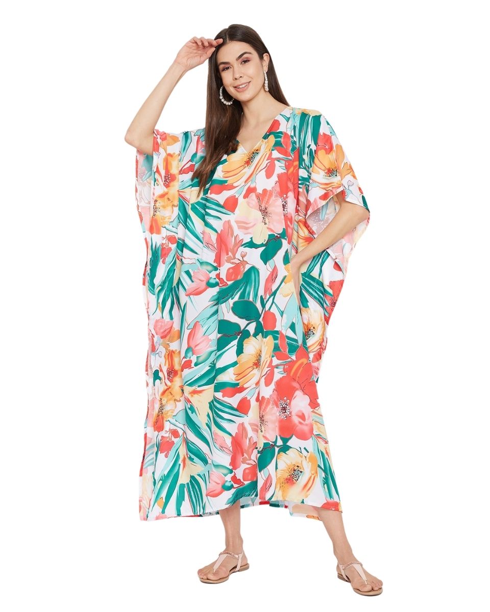 Kimono Sleeve multicolor Floral Polyester Kaftan For Plus Size Women