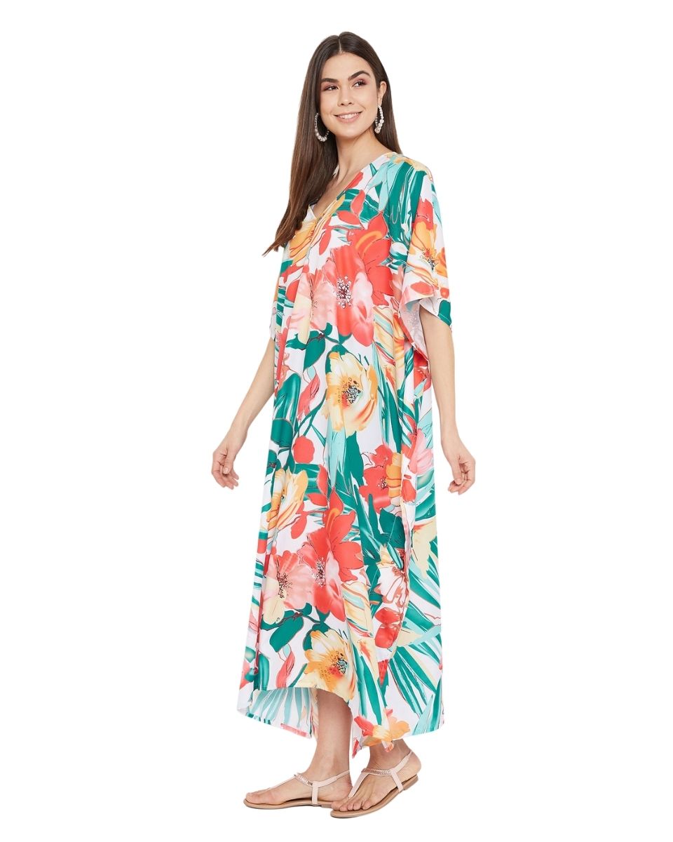 Kimono Sleeve multicolor Floral Polyester Kaftan For Plus Size Women