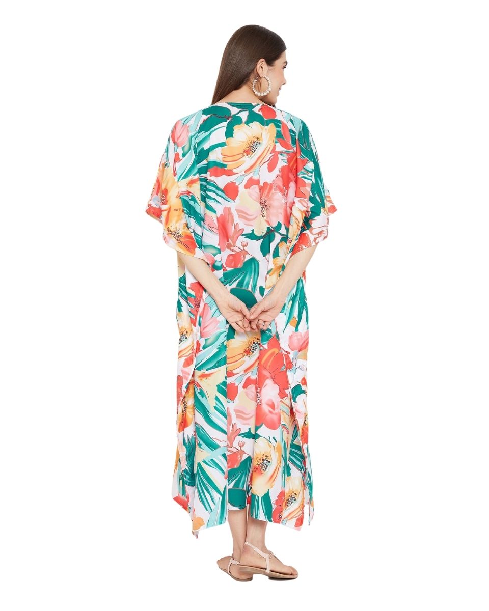 Kimono Sleeve multicolor Floral Polyester Kaftan For Plus Size Women