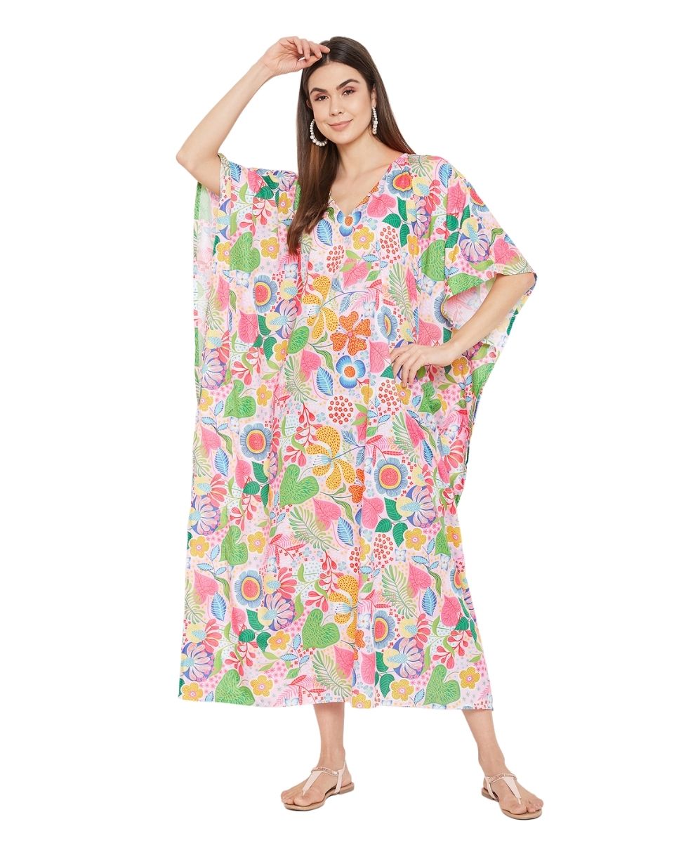 Kimono Sleeve Floral Pattern Polyester Plus Size Kaftan For Women