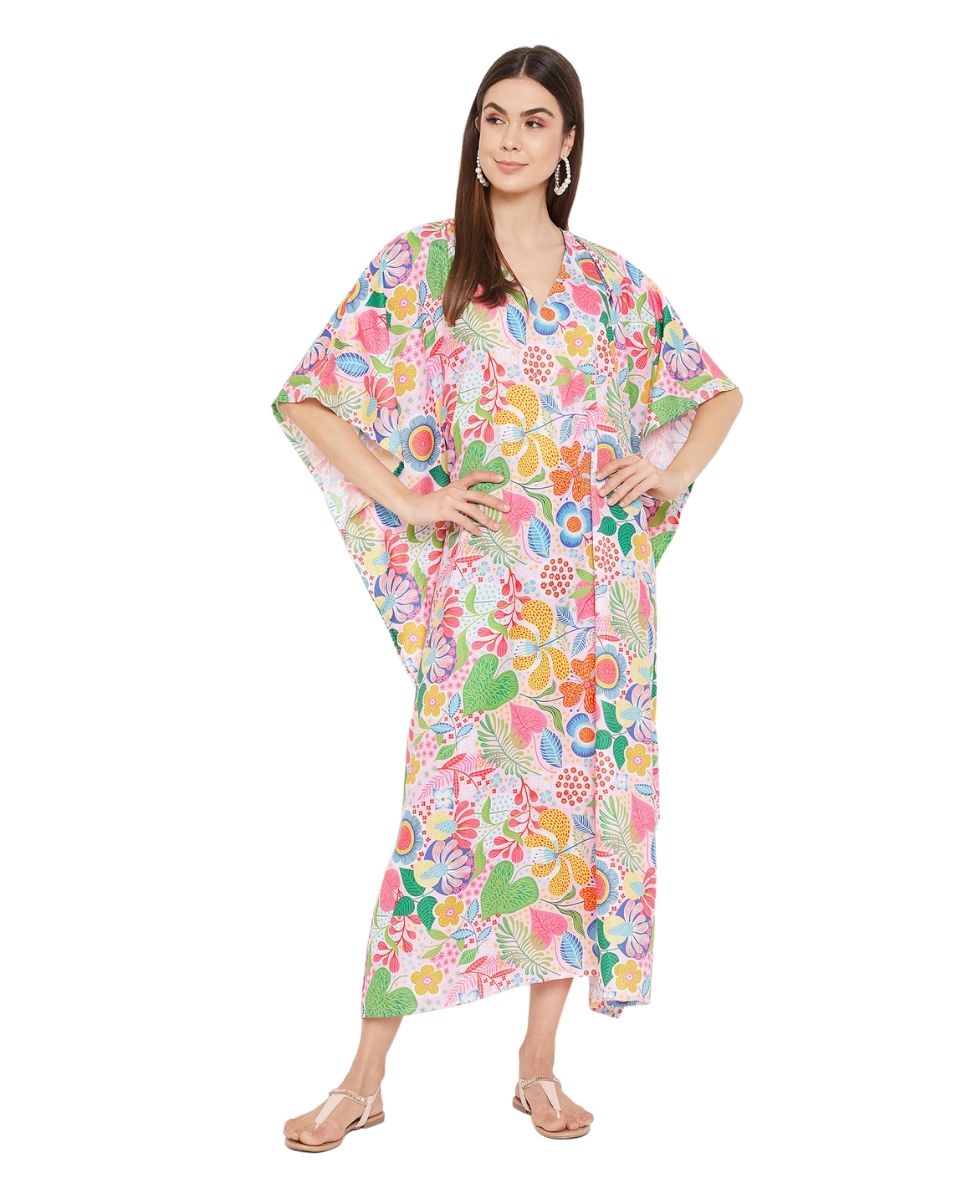 Kimono Sleeve Floral Pattern Polyester Plus Size Kaftan For Women