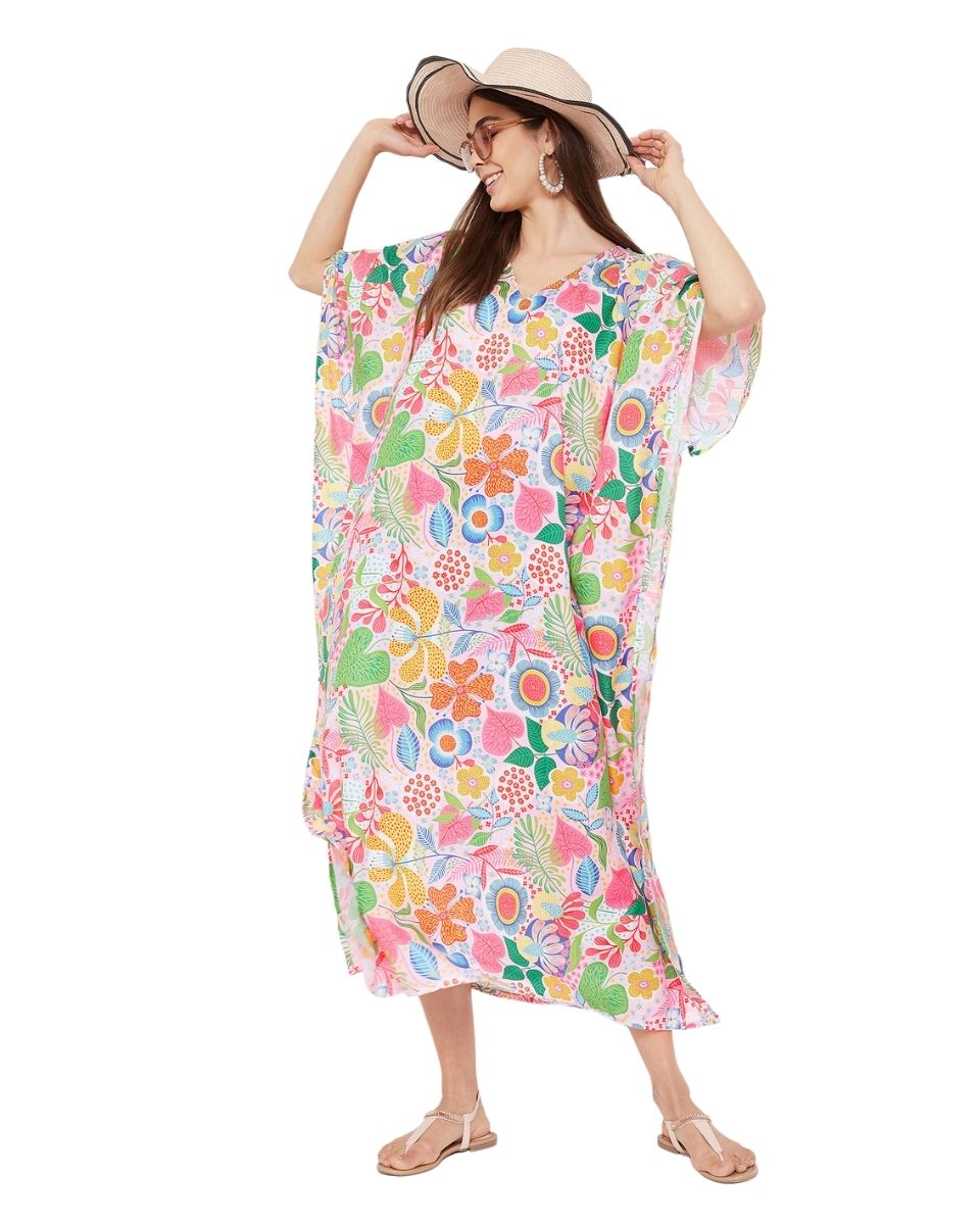 Kimono Sleeve Floral Pattern Polyester Plus Size Kaftan For Women