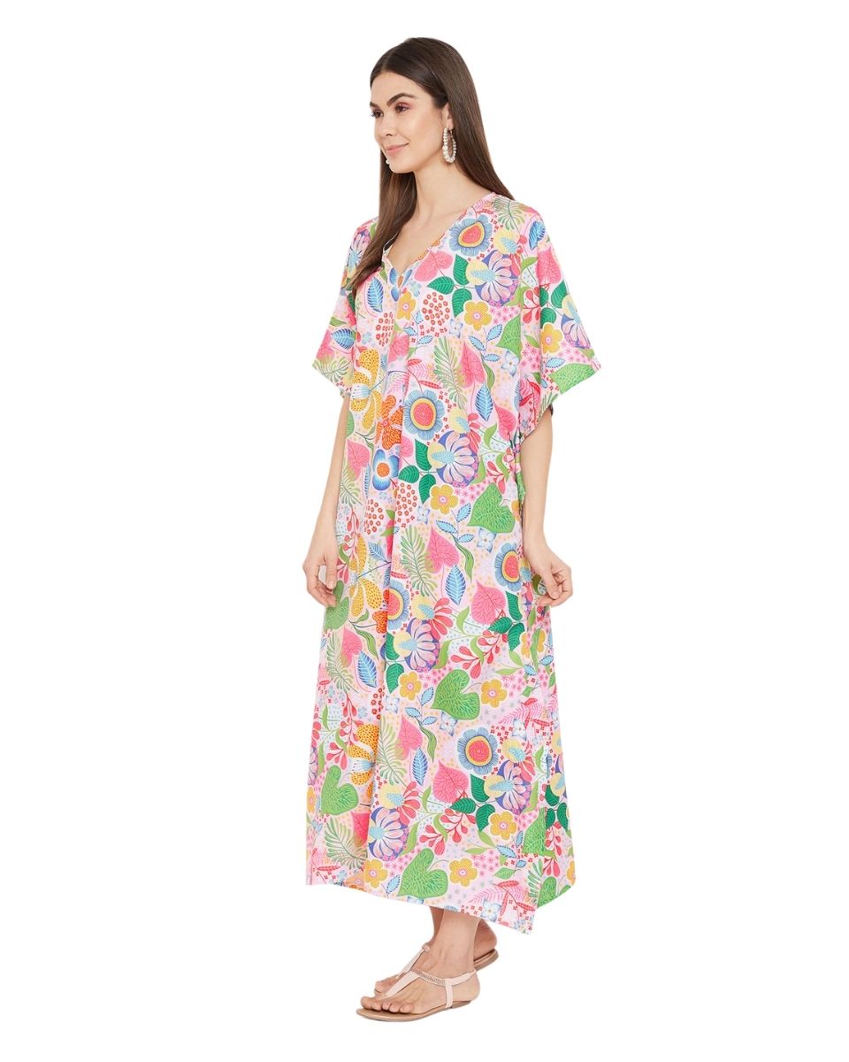 Kimono Sleeve Floral Pattern Polyester Plus Size Kaftan For Women