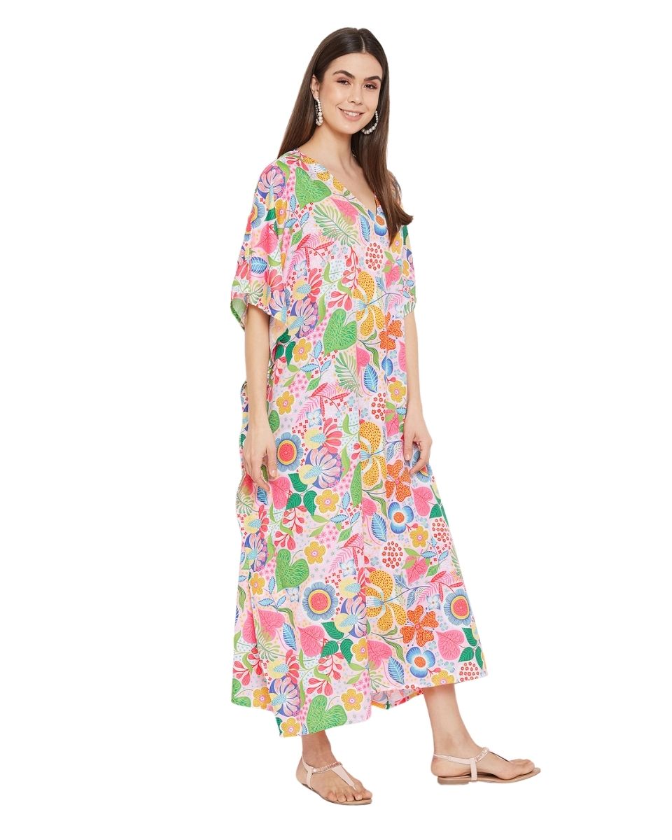 Kimono Sleeve Floral Pattern Polyester Plus Size Kaftan For Women