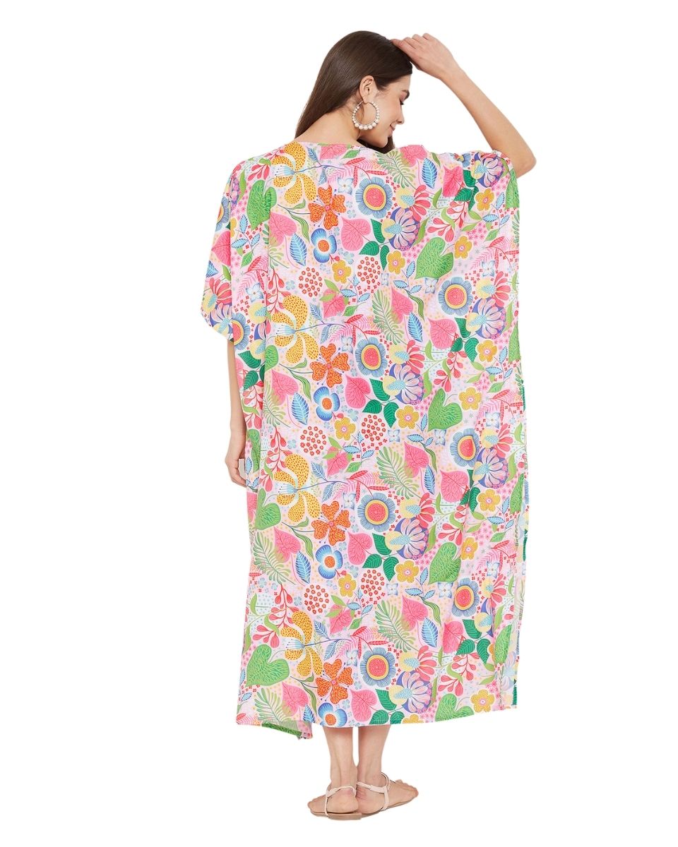 Kimono Sleeve Floral Pattern Polyester Plus Size Kaftan For Women