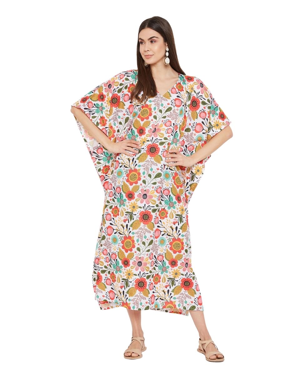 Women Floral Plus Size Beach Cover Up Long Maxi Polyester Kaftan