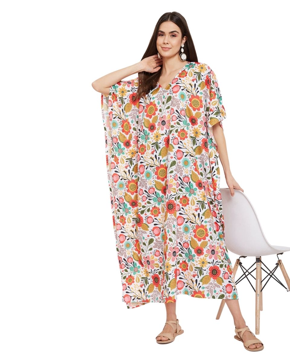 Women Floral Plus Size Beach Cover Up Long Maxi Polyester Kaftan