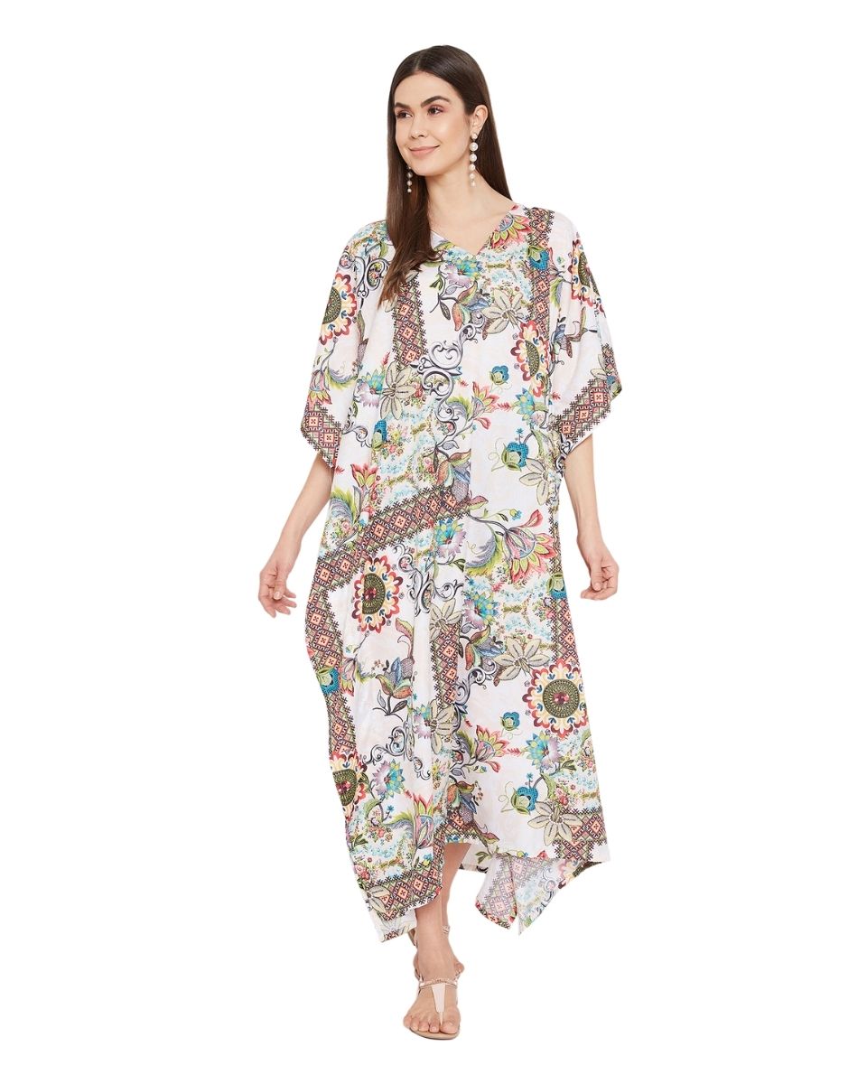 Long Maxi Caftan Floral Pattern Polyester For Plus Size Women