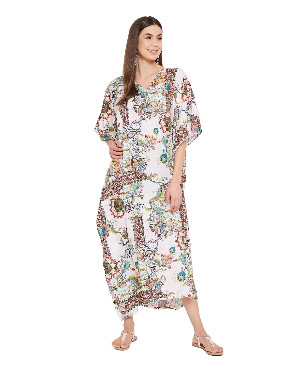 Long Maxi Caftan Floral Pattern Polyester For Plus Size Women