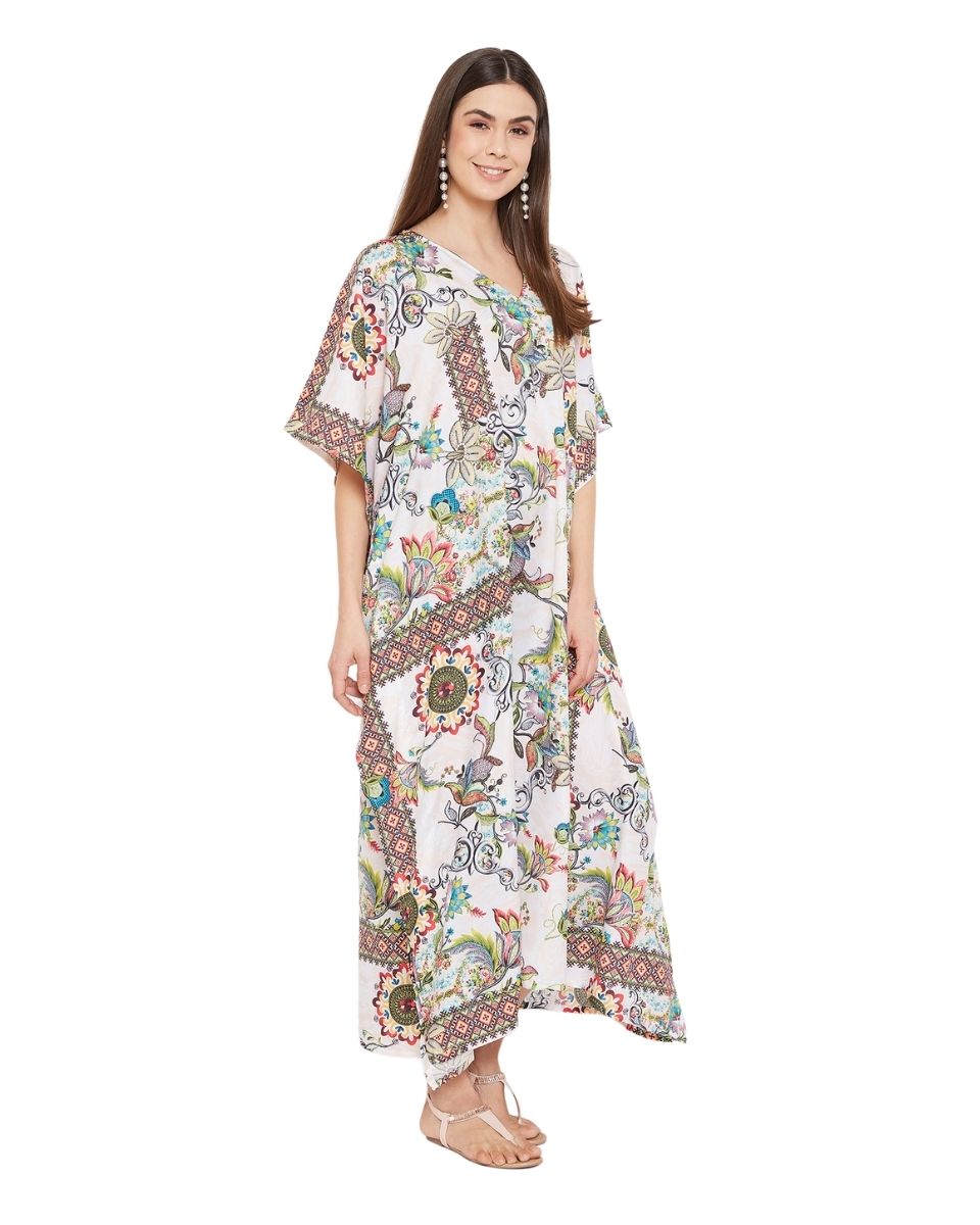 Long Maxi Caftan Floral Pattern Polyester For Plus Size Women