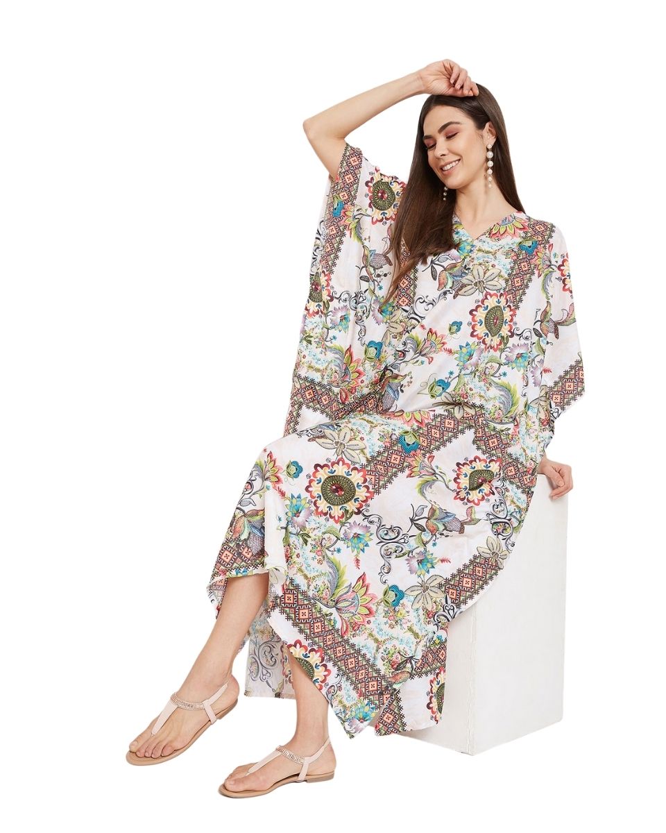 Long Maxi Caftan Floral Pattern Polyester For Plus Size Women