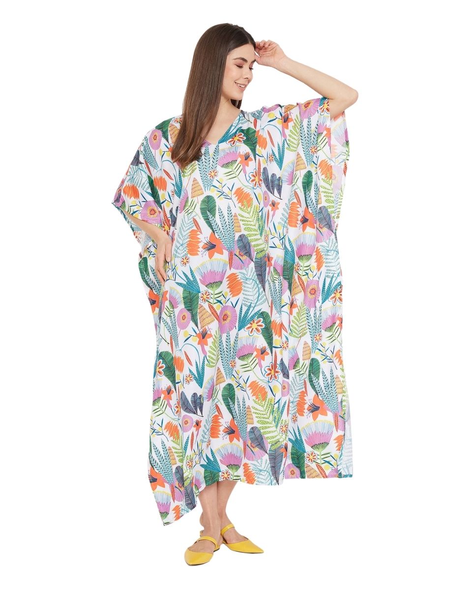 Multicolor Floral Pattern Polyester Long Kaftan For Plus Size Women