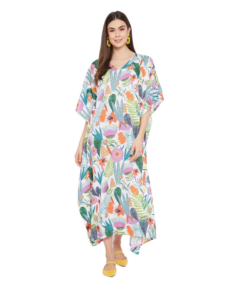 Multicolor Floral Pattern Polyester Long Kaftan For Plus Size Women