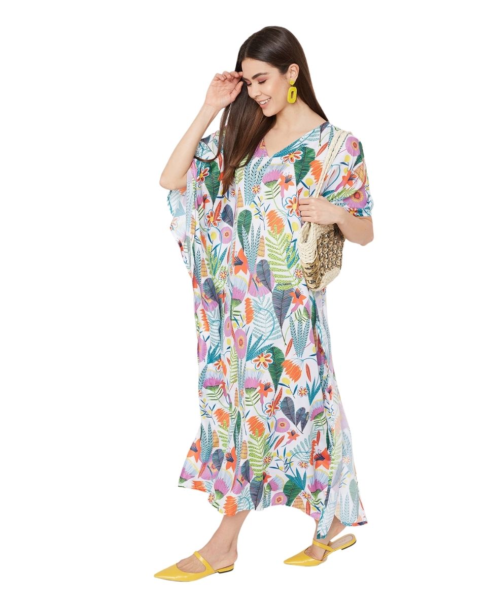 Multicolor Floral Pattern Polyester Long Kaftan For Plus Size Women