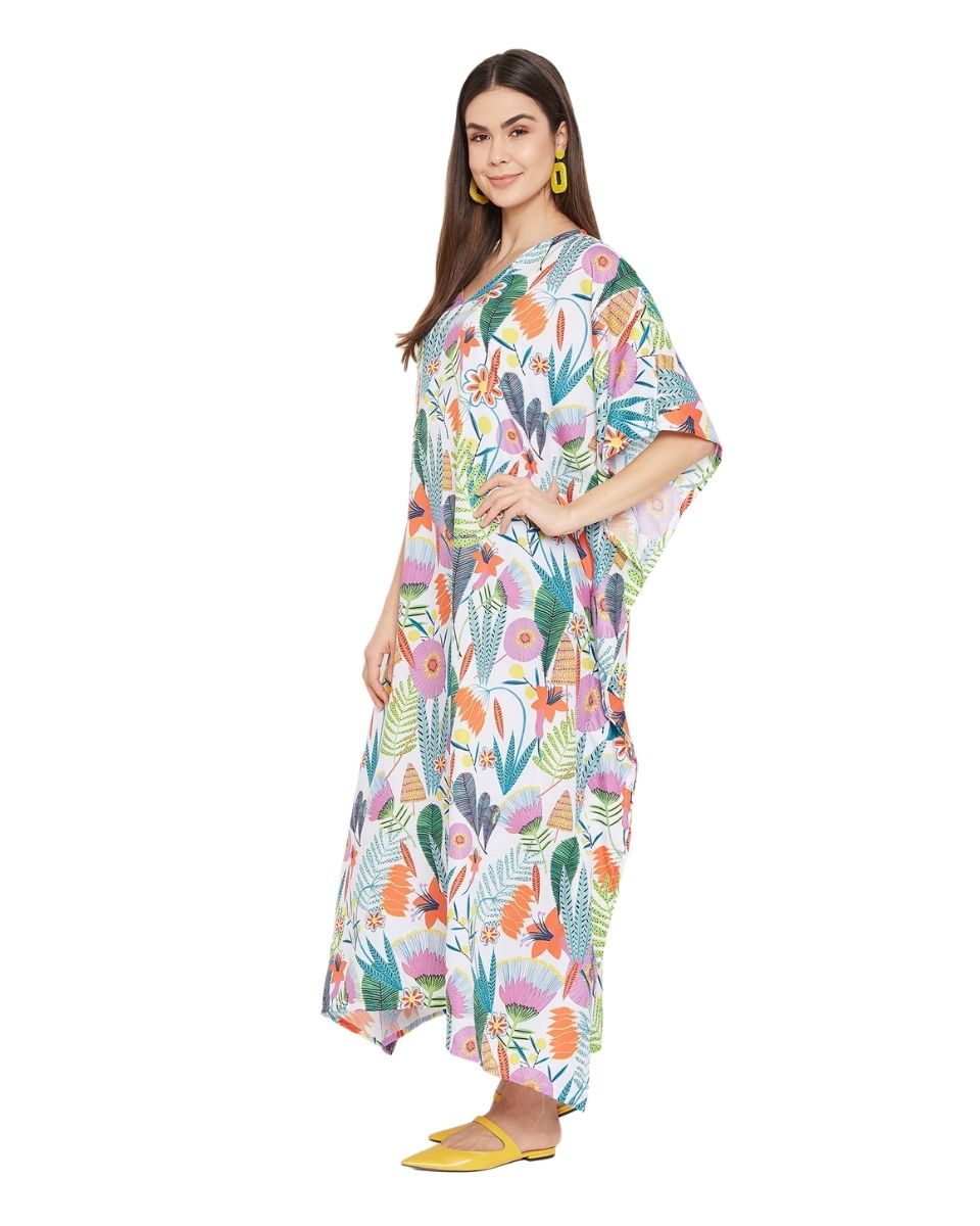 Multicolor Floral Pattern Polyester Long Kaftan For Plus Size Women