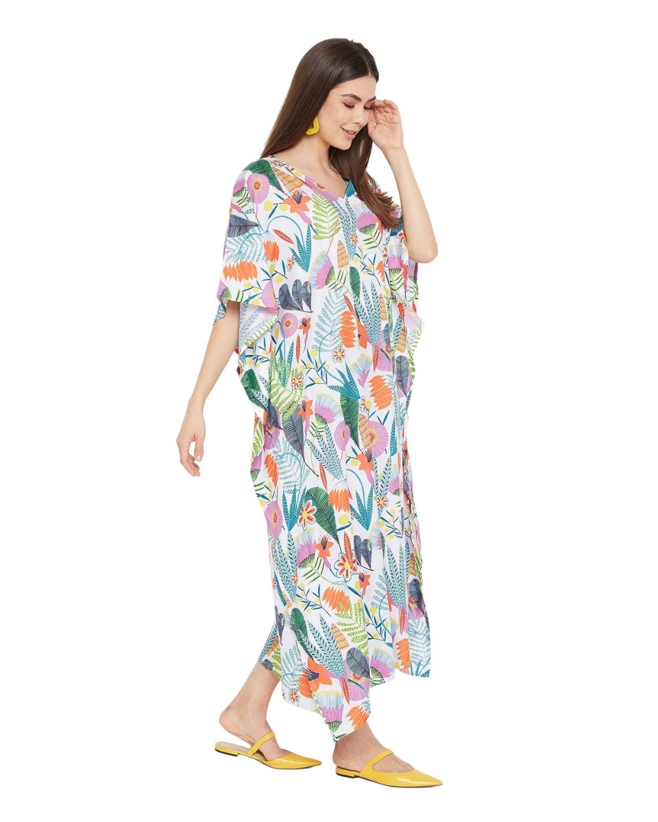 Multicolor Floral Pattern Polyester Long Kaftan For Plus Size Women