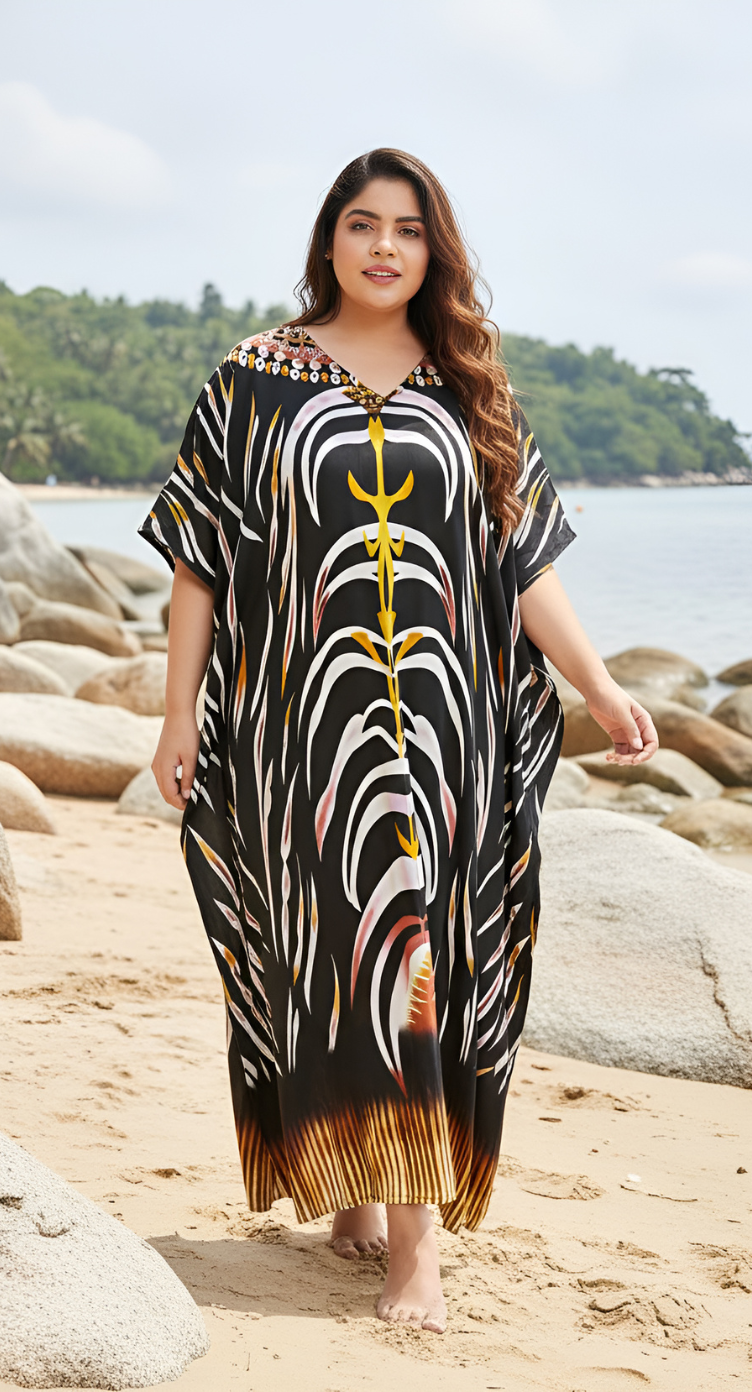 Black Tribal Printed Polyester Plus Size Kaftan Dress For Women
