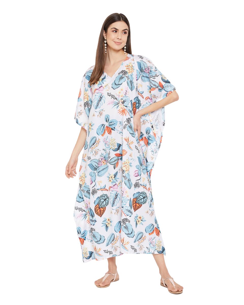 Leaf Print Polyester Kimono Style Long Kaftan For Plus Size Women