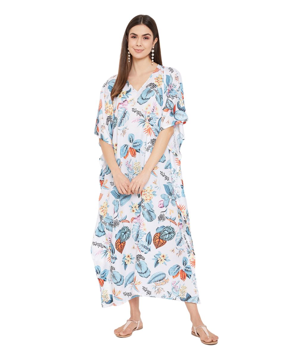 Leaf Print Polyester Kimono Style Long Kaftan For Plus Size Women