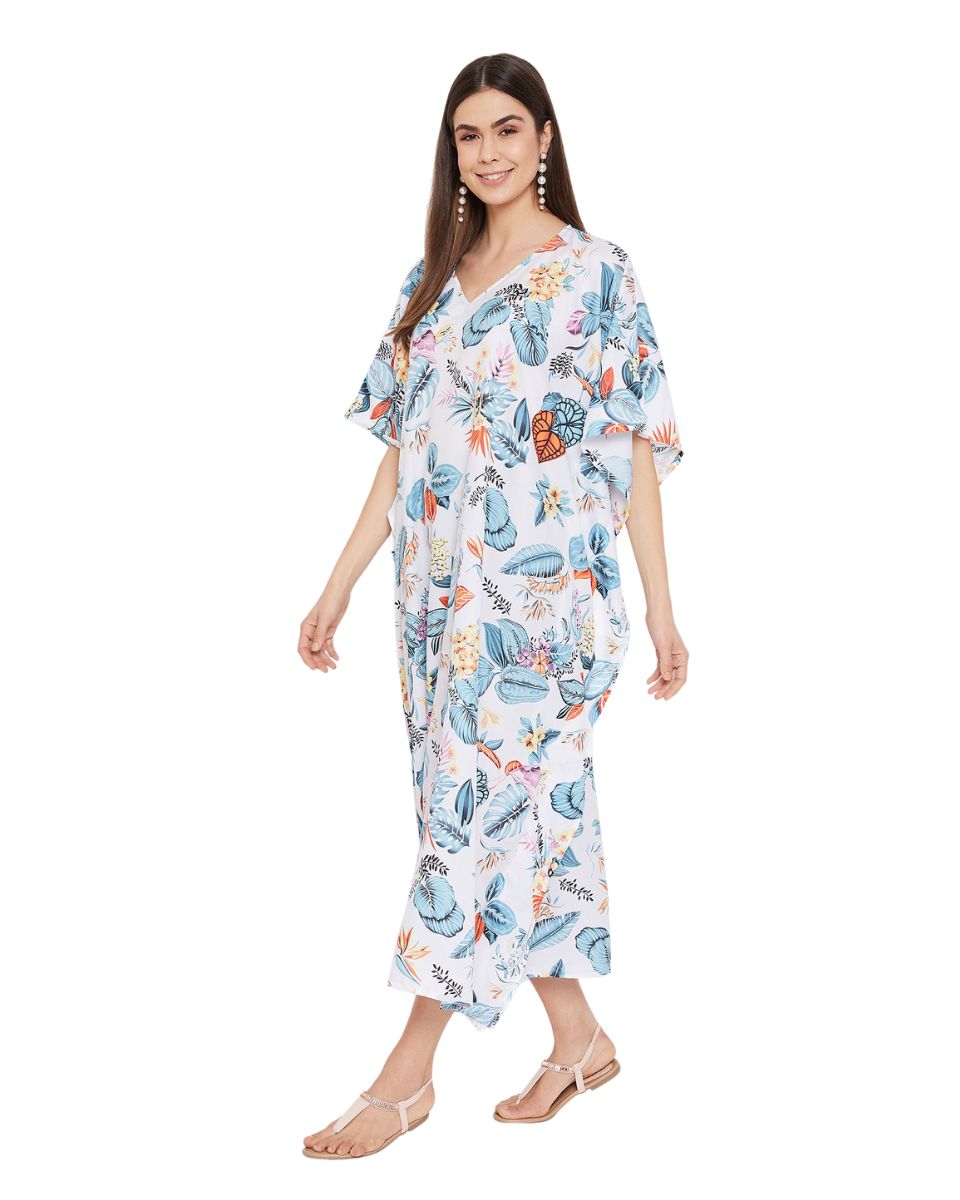 Leaf Print Polyester Kimono Style Long Kaftan For Plus Size Women