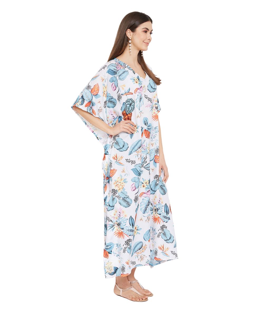 Leaf Print Polyester Kimono Style Long Kaftan For Plus Size Women