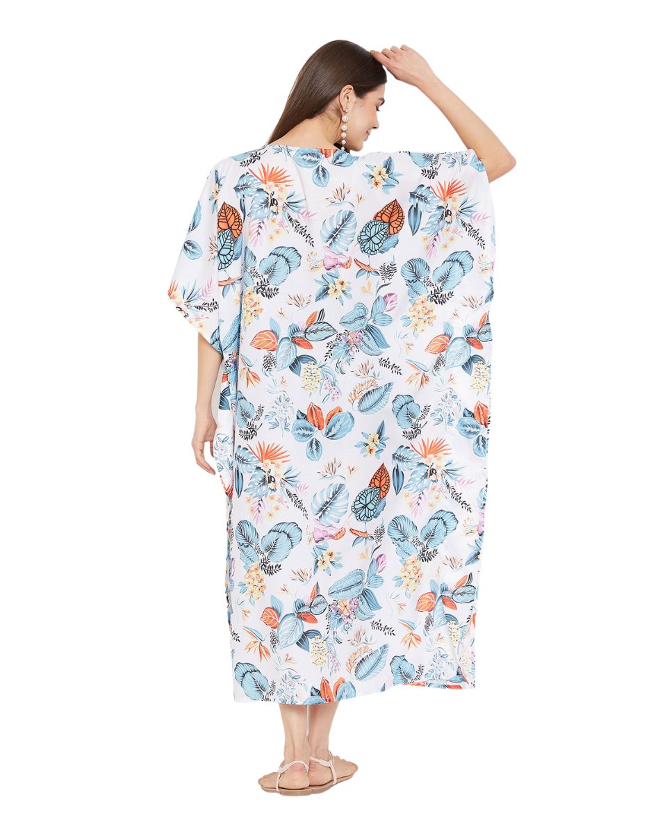 Leaf Print Polyester Kimono Style Long Kaftan For Plus Size Women