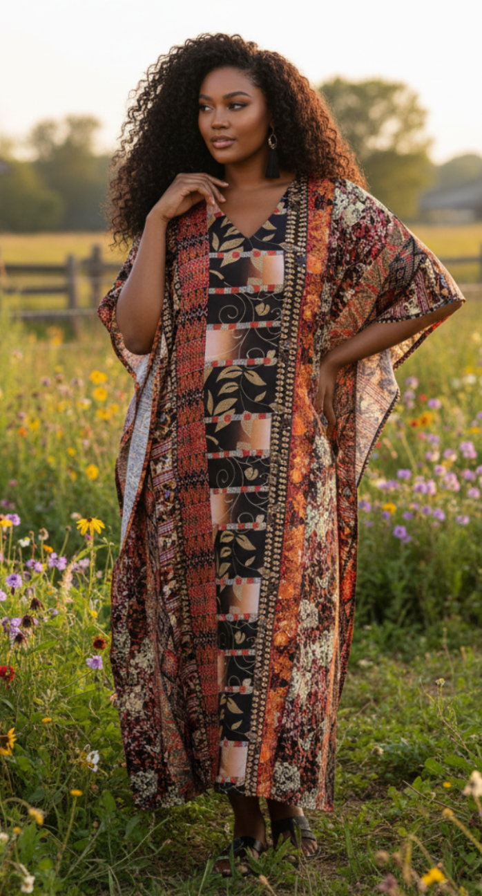 Abstract Printed Multicolor Plus Size Polyester Kaftan Dress For Women