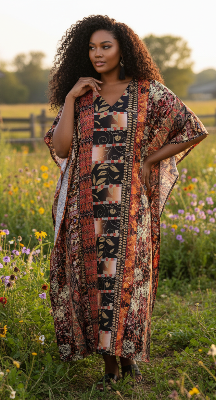 Abstract Printed Multicolor Plus Size Polyester Kaftan Dress For Women
