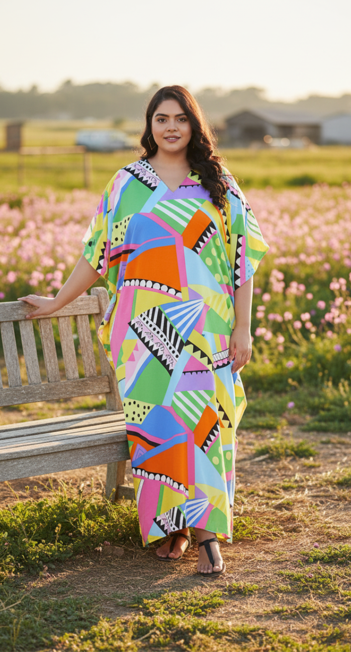 Geometric Print Multicolor Polyester Plus Size Kaftan Dress For Women