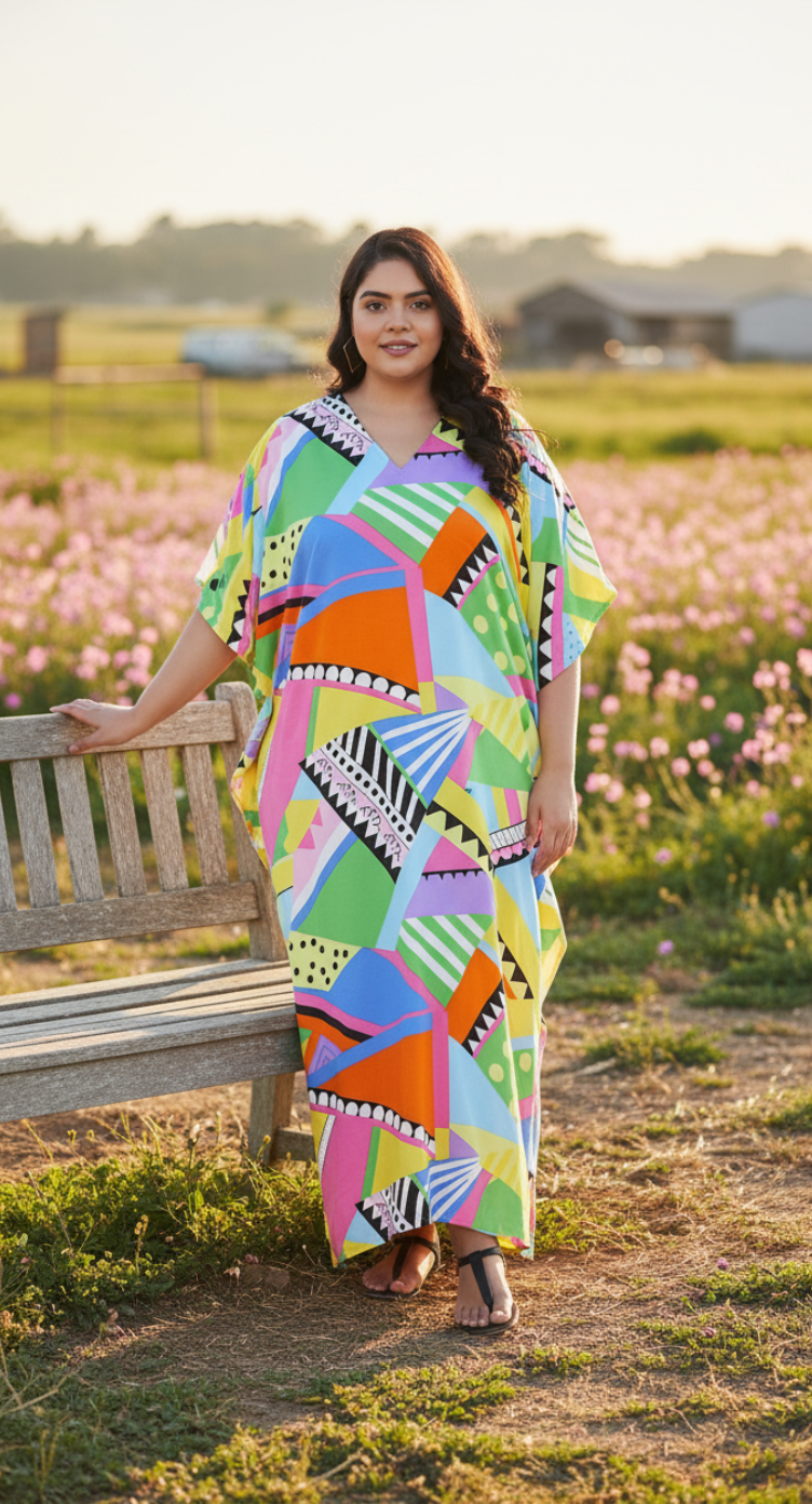 Geometric Print Multicolor Polyester Plus Size Kaftan Dress For Women