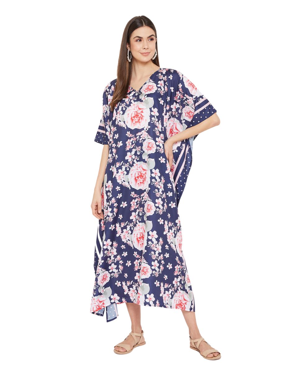 Floral Printed Navy Blue Polyester Plus Size Kaftan Dress For Women