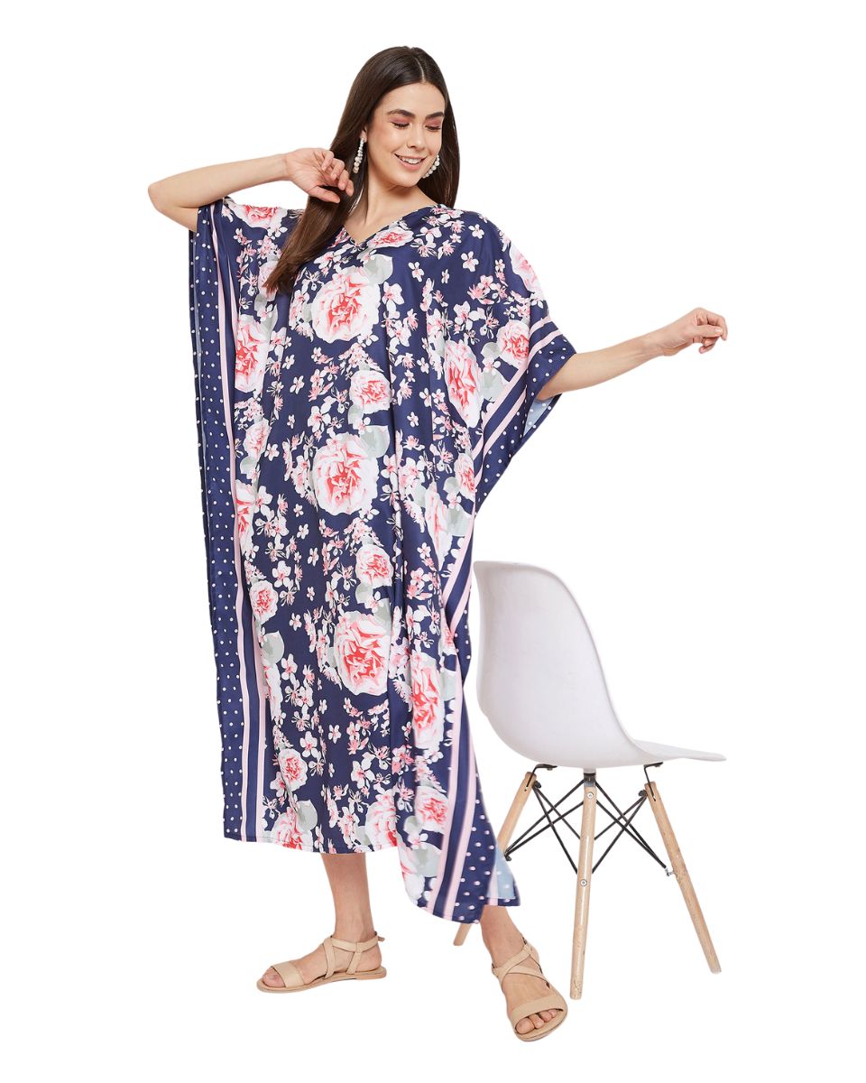 Floral Printed Navy Blue Polyester Plus Size Kaftan Dress For Women