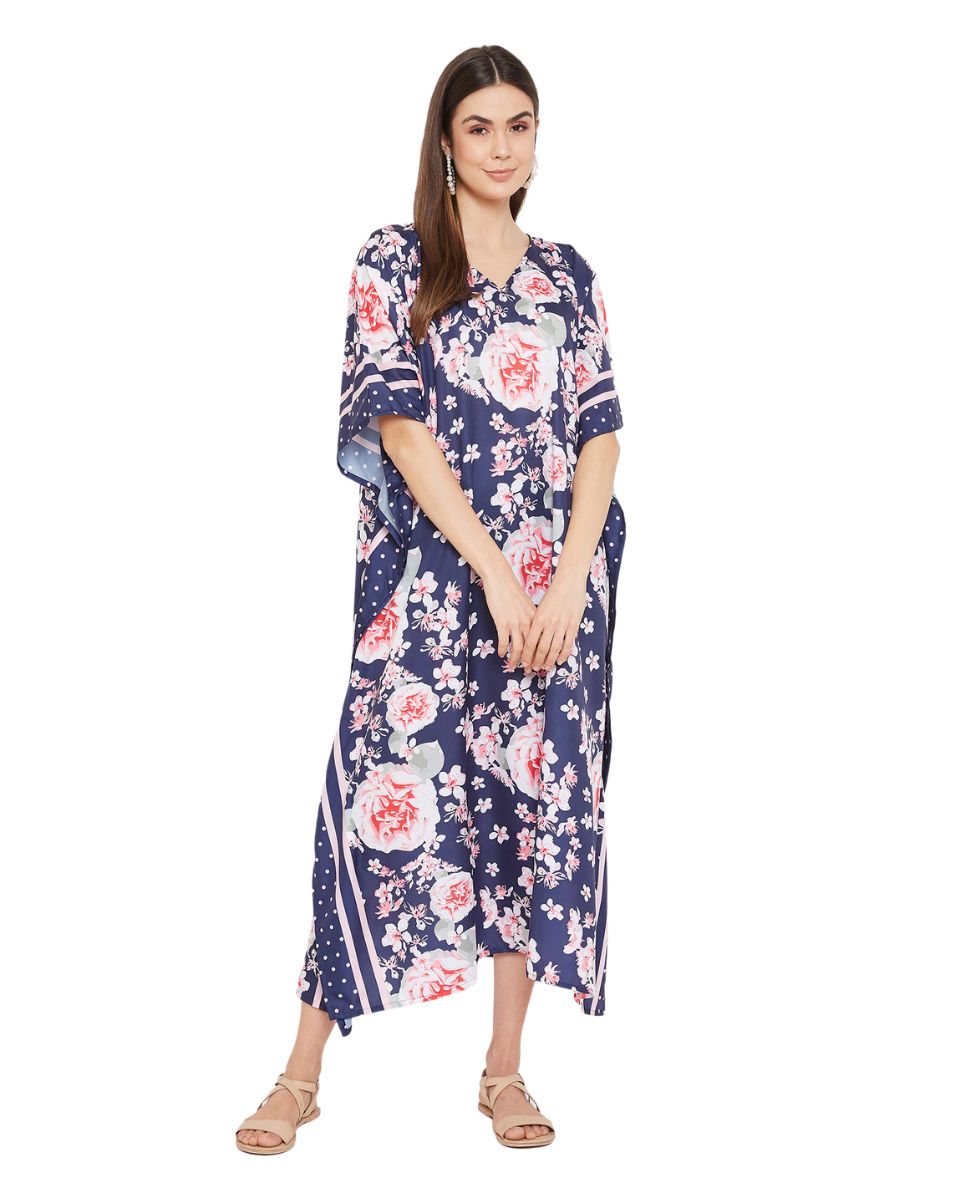 Floral Printed Navy Blue Polyester Plus Size Kaftan Dress For Women