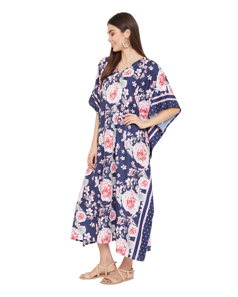 Floral Printed Navy Blue Polyester Plus Size Kaftan Dress For Women