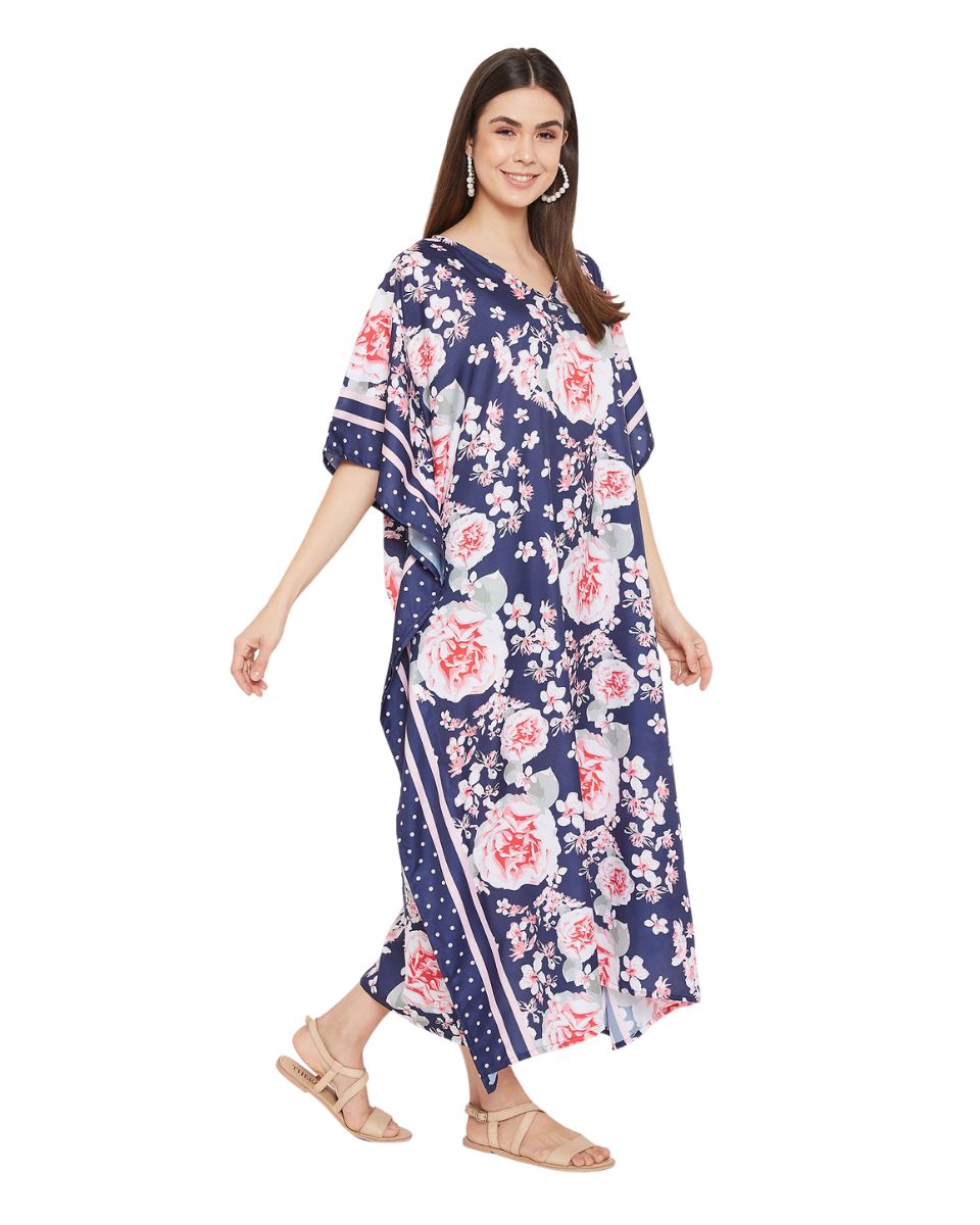 Floral Printed Navy Blue Polyester Plus Size Kaftan Dress For Women