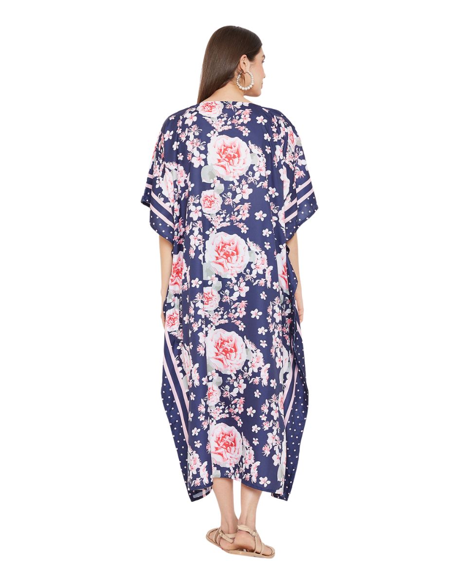 Floral Printed Navy Blue Polyester Plus Size Kaftan Dress For Women