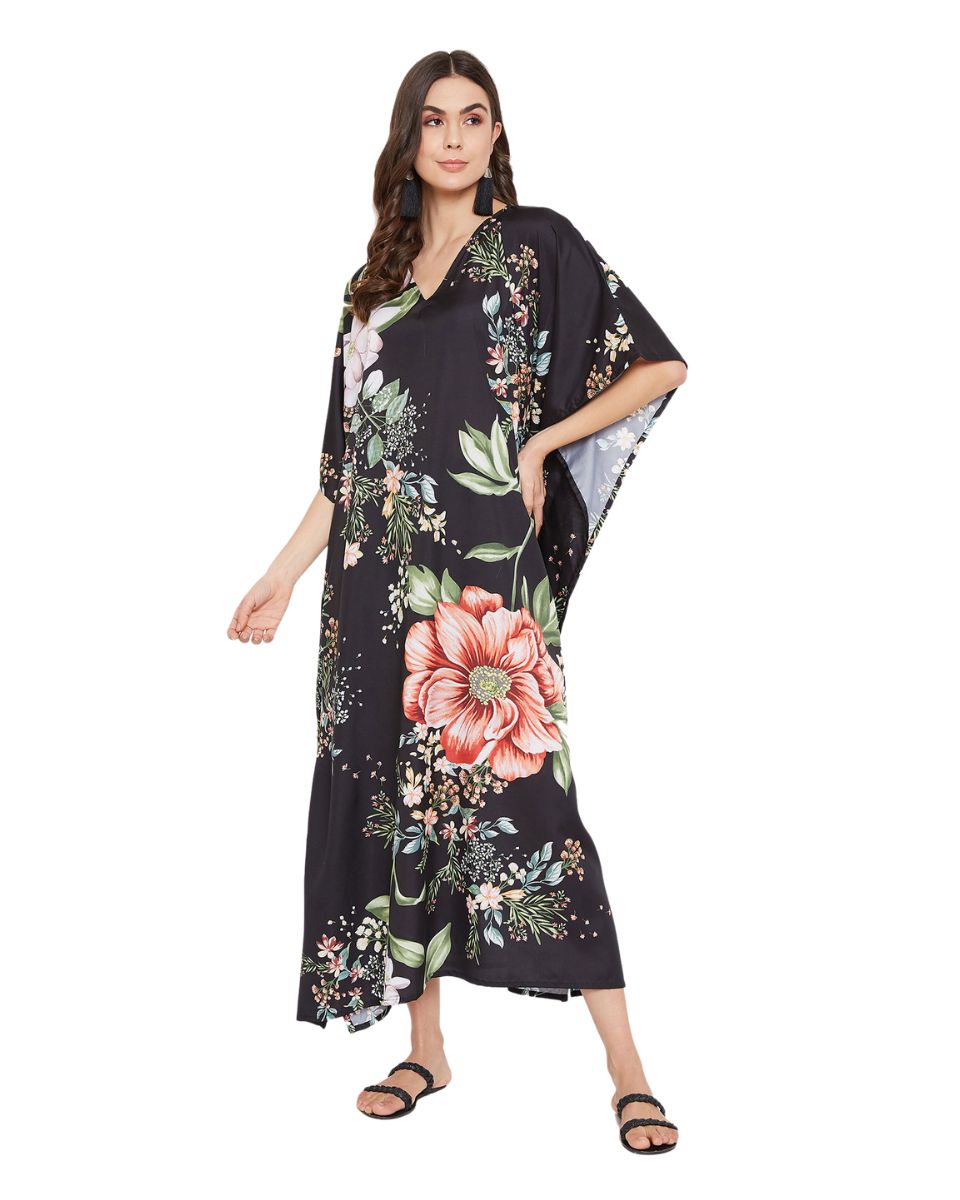 Loose Caftan Black Floral Polyester Beachwear For Plus Size Women