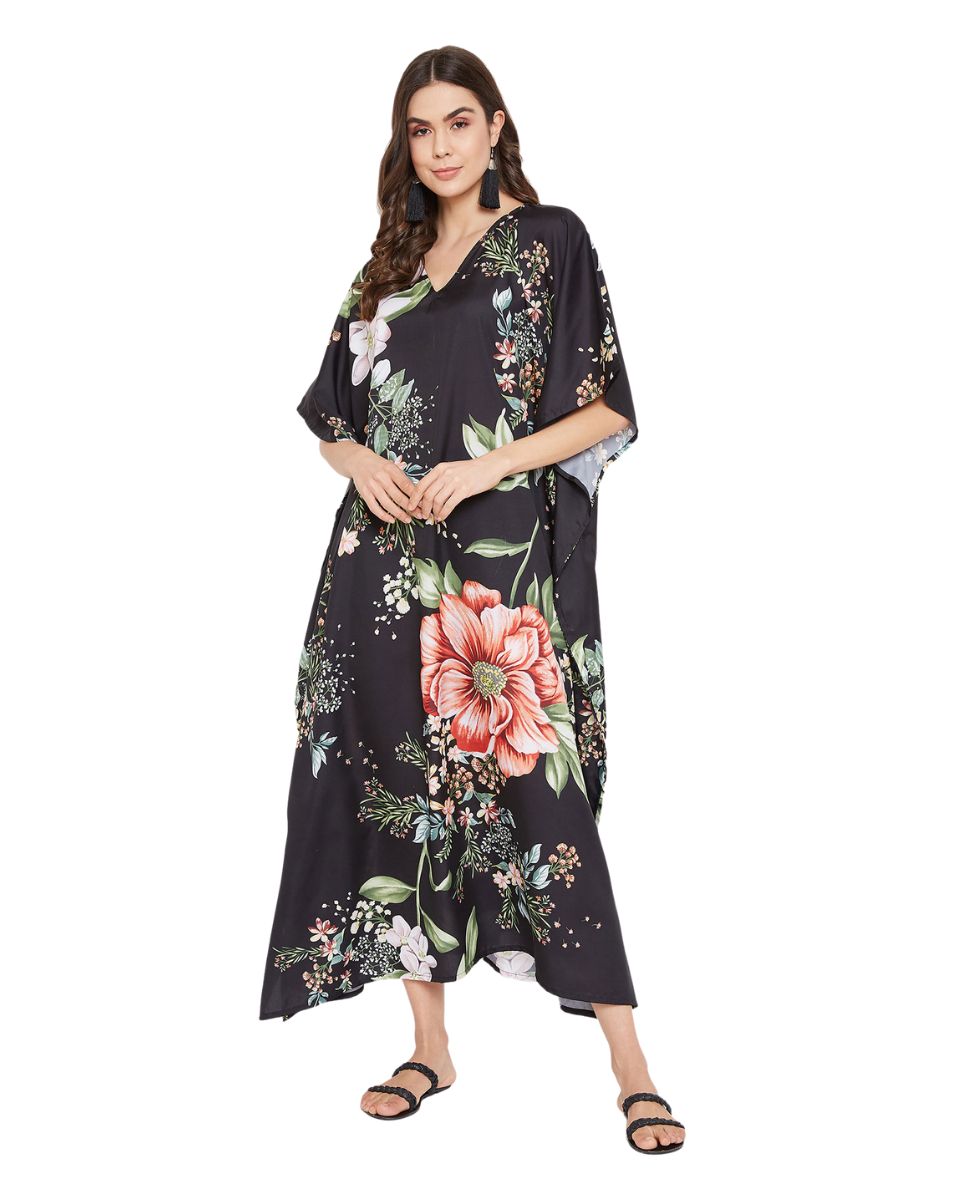 Loose Caftan Black Floral Polyester Beachwear For Plus Size Women