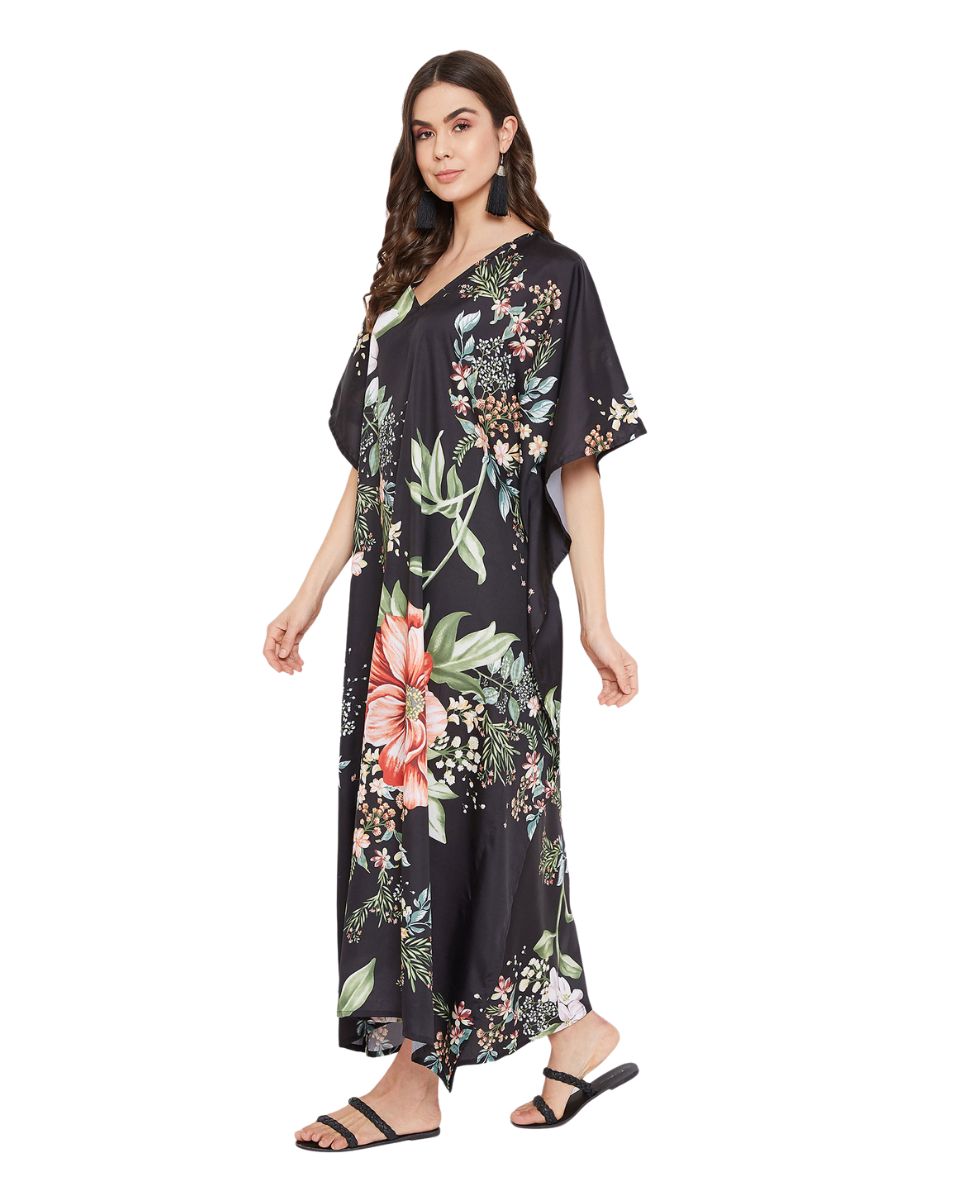 Loose Caftan Black Floral Polyester Beachwear For Plus Size Women