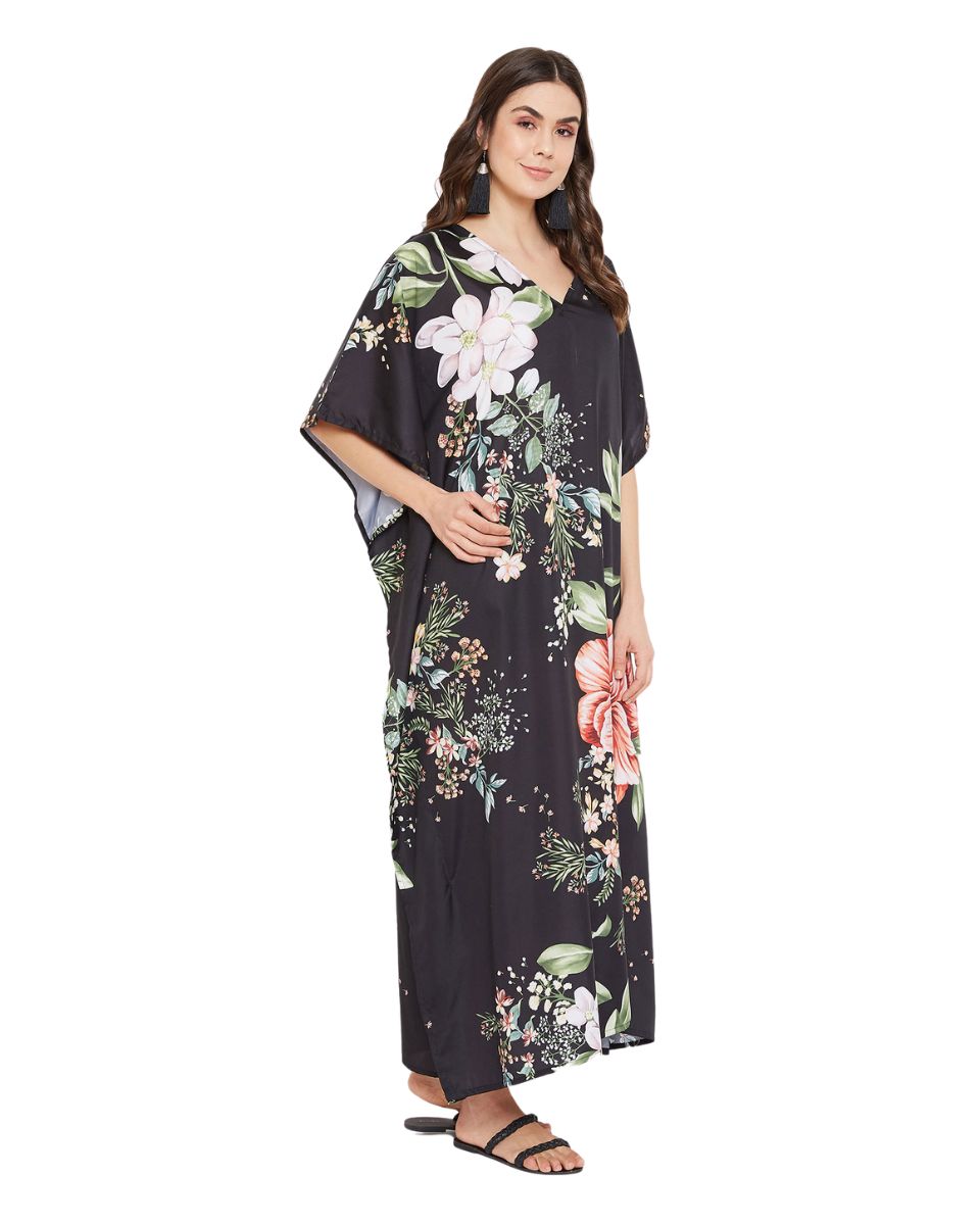 Loose Caftan Black Floral Polyester Beachwear For Plus Size Women